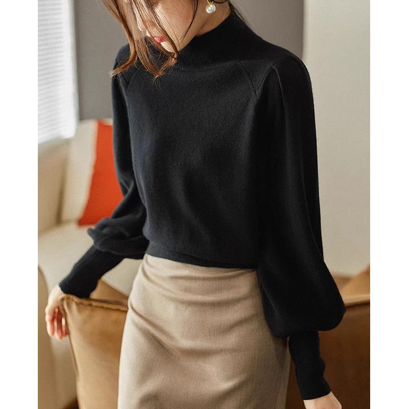Fashion New Autumn Winter Long Sleeve Knitted Women Sweater Half High Collar Black Knitted Sweaters Pullovers Women Tops JJ43