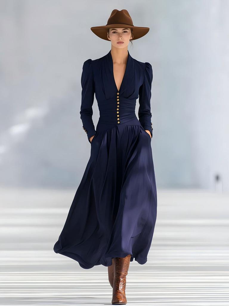 Elegant Empire Waist Dress V-Neck Bubble Sleeve Long Sleeve Maxi Dress for Women