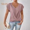 Dámské topy s výstřihem do V, s krátkým rukávem, s mačkaným designem, tričko jednobarevné, volného střihu, s křížovým plisováním, pro každodenní nošení