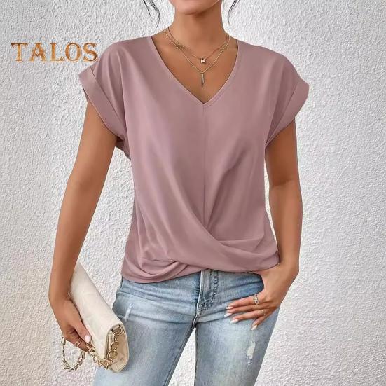 Dámské topy s výstřihem do V, s krátkým rukávem, s mačkaným designem, tričko jednobarevné, volného střihu, s křížovým plisováním, pro každodenní nošení