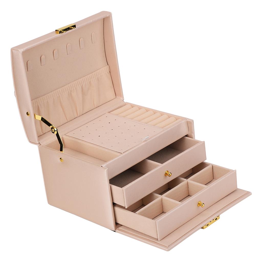 Smyckeskrin PU-läder 3 lager Smyckesförvaringslåda med lås för örhängen armband ringar halsband