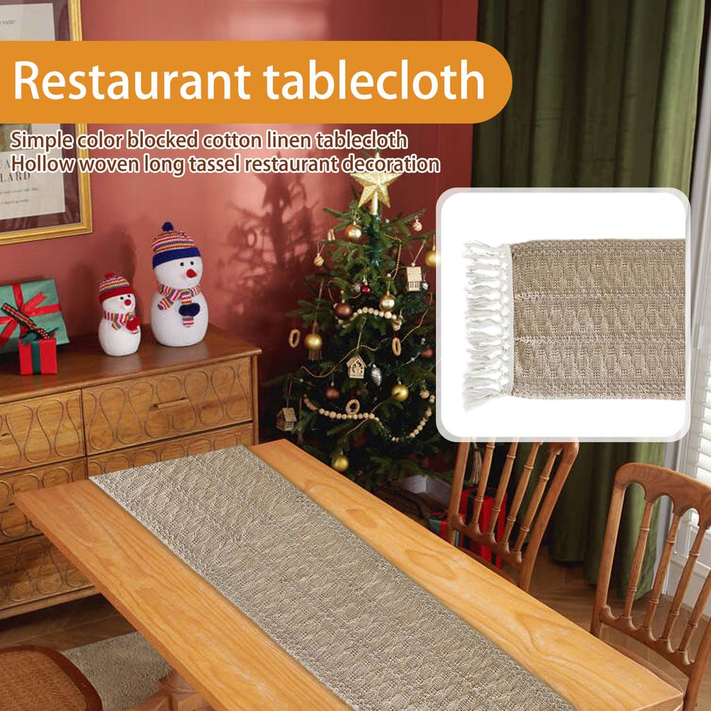 Luxurious Color Blocked Cotton And Linen Table Flag, Hollowed Out Woven Long Tassel Restaurant Decorative Tablecloth