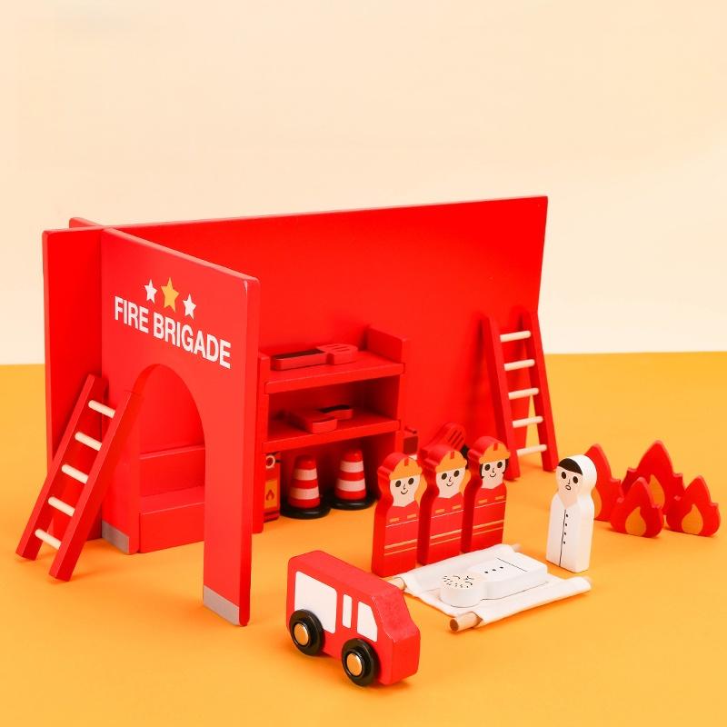 Montessori Wooden Toys Children Fire Station Police Station Simulation Toy Pretend Play Tools Construction Toy Motor Skills Kids