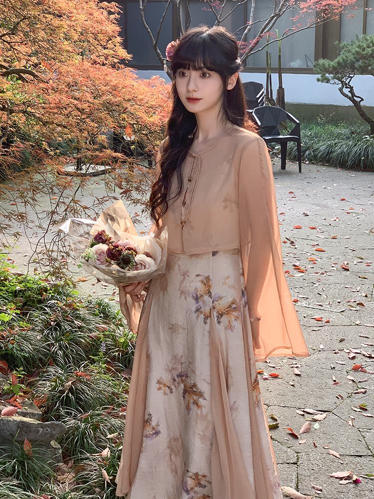 

Ретро китайское ципао летнее платье и кардиган для защиты от солнца комплект для женщин L