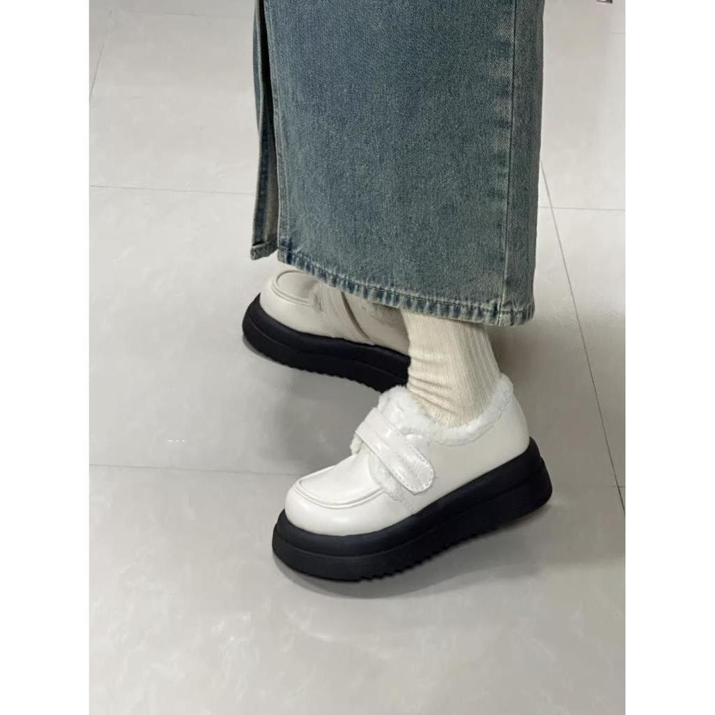 Thick-soled Velvet Loafers Women's 2025 New Ugly Cute British College Style Heightened Warm Cotton Shoes Small Leather Shoes