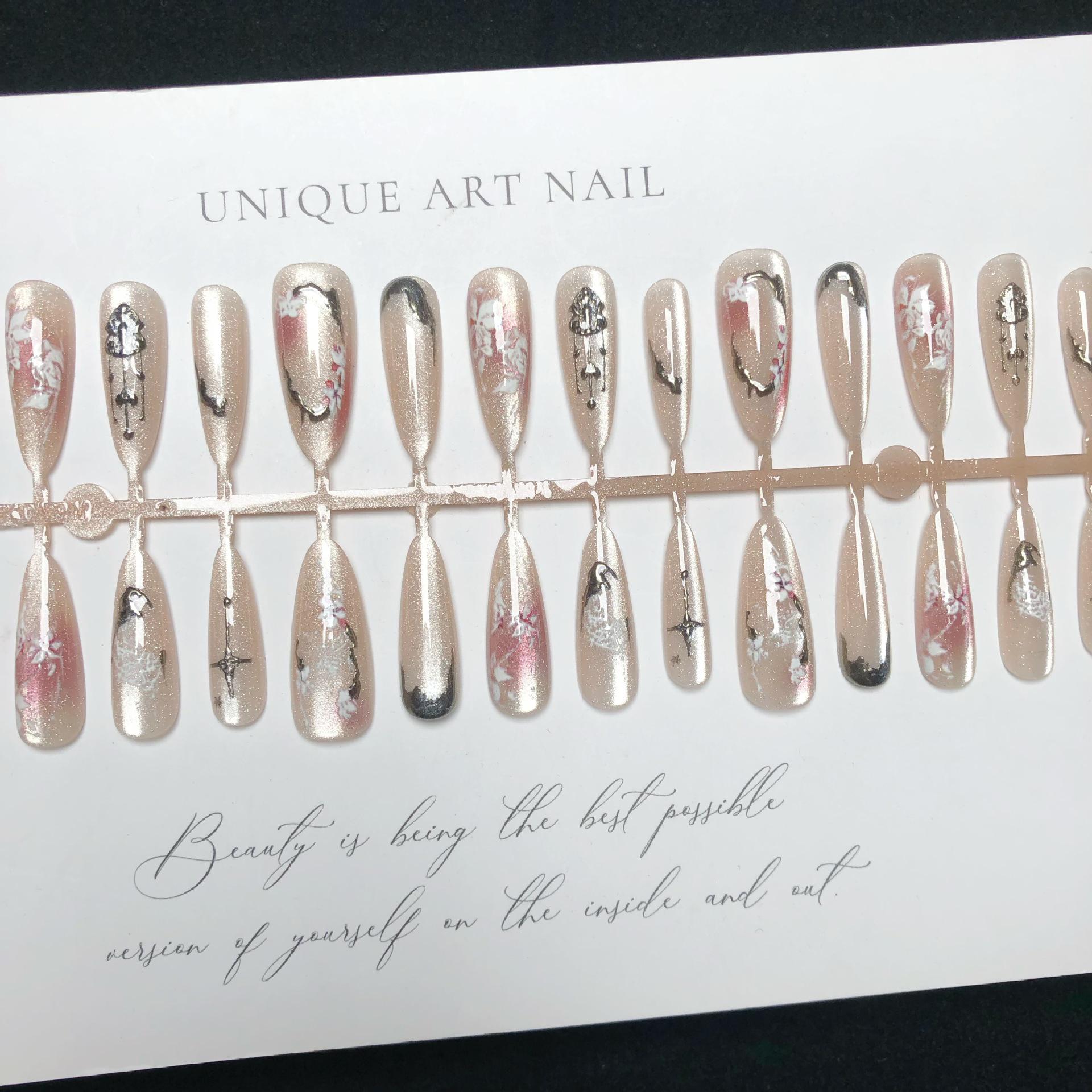 

Sweet Cool Almond Lace Rose Crystal Cat Eye Press-On Nails