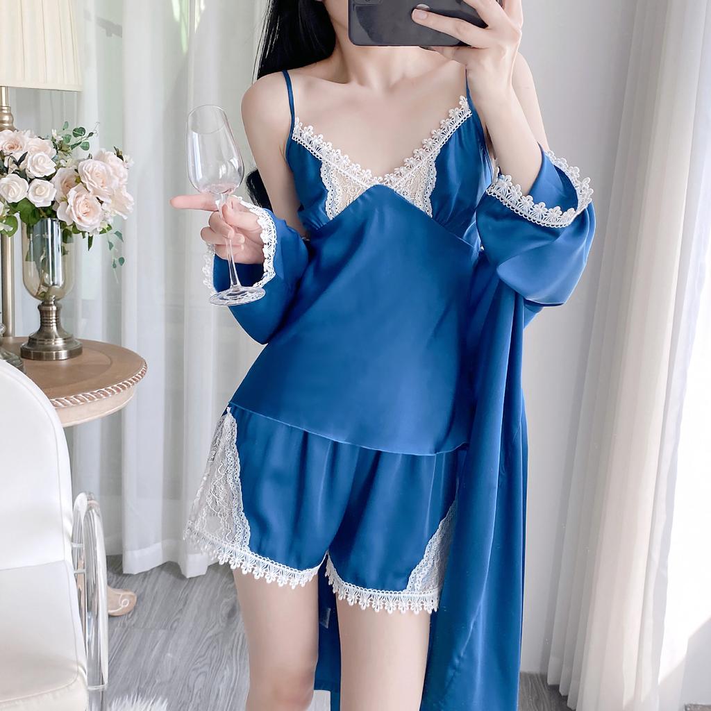 Women's Thin Sexy Ice Silk Pajamas Three-piece Spring and Summer Suspender Shorts Bathrobe Kimono with Chest Pad