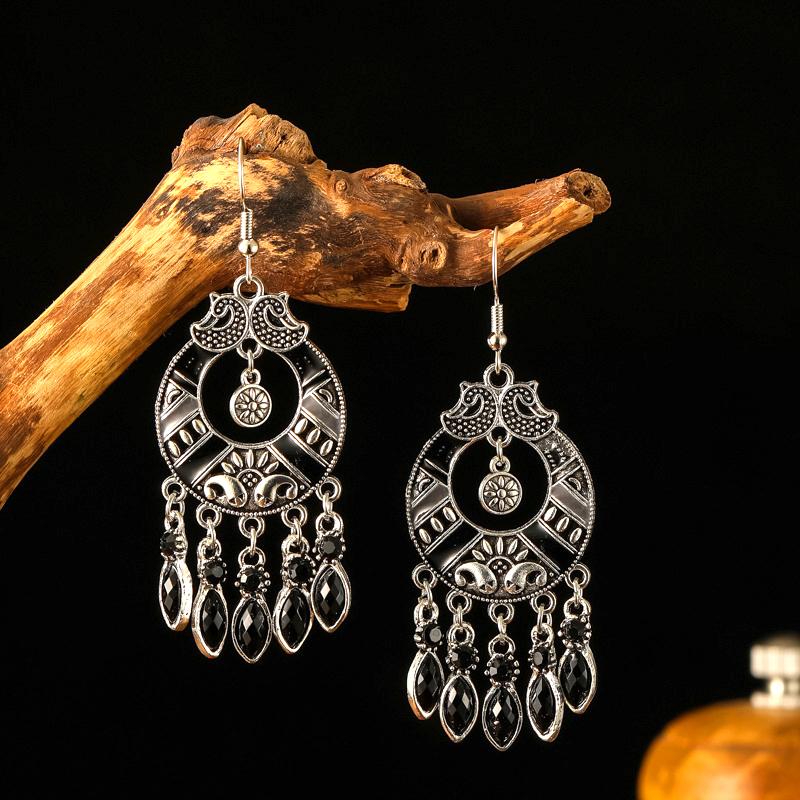 

Ethnic Round Drop Glaze Rhinestone Tassel Earrings for Women Retro Boho Creative Silver Color Metal Earring Party Daily Jewelry чорний