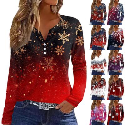 Women's T Shirt Tee Christmas Print Button Long Sleeve Daily Weekend Fashion Basic V- Neck Regular Top