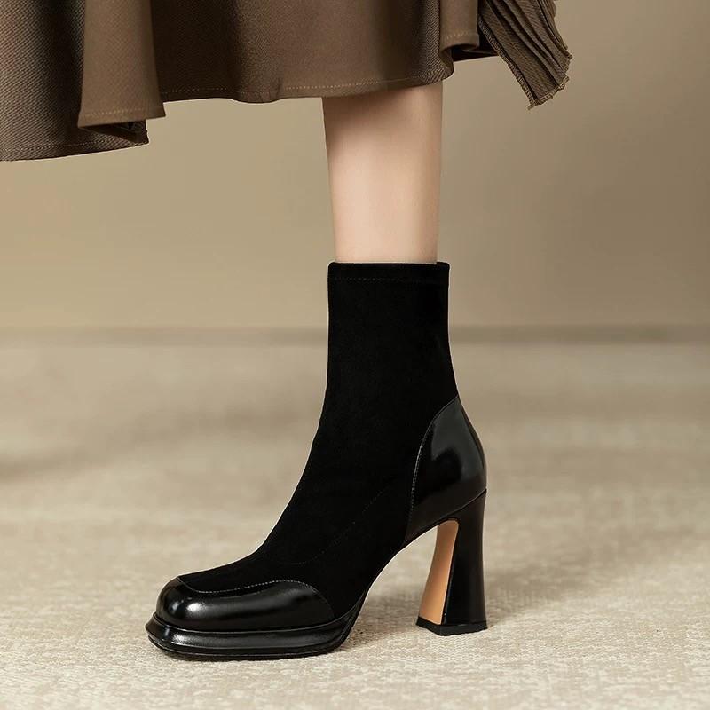 

Осень и зима ретро толстый каблук короткие сапоги женские вставки водонепроницаемые стол эластичные тонкие сапоги высокий каблук короткие сапоги 39