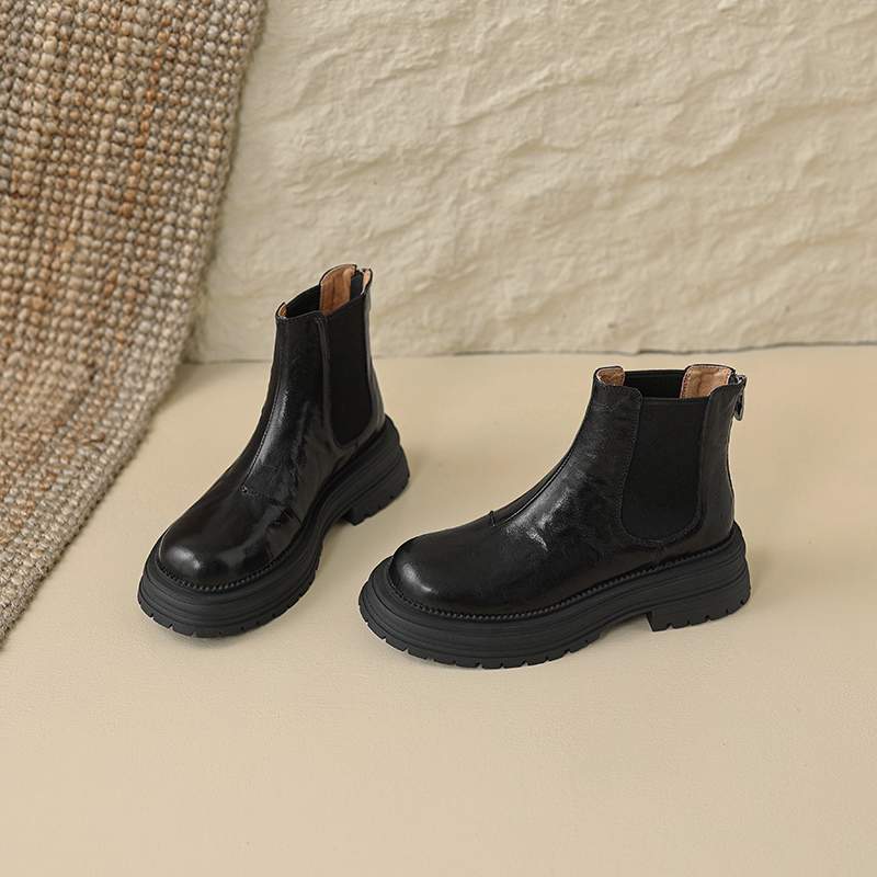 Krazing Pot Sheep Skin Round Toe Winter Med Heels Chelsea Boots Women Zipper Retro Fashion Platform Ankle Boots