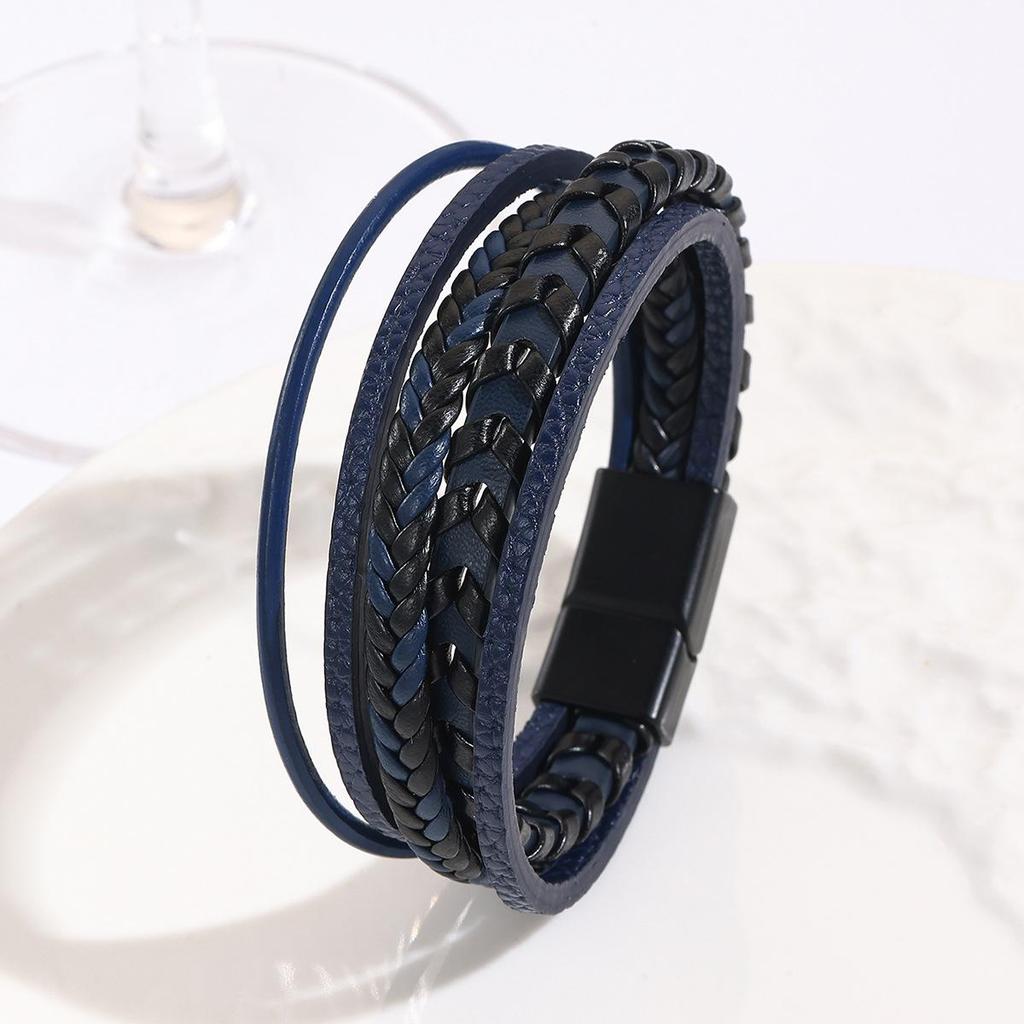 Bracciale da uomo in pelle multistrato retrò con bracciale aperto in lega