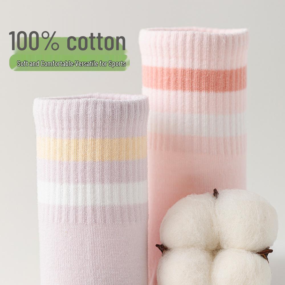 Women's Cotton Mid-Calf Socks - Antibacterial, Sweat-Absorbing, Deodorant, Casual Sport Striped for Spring/Summer