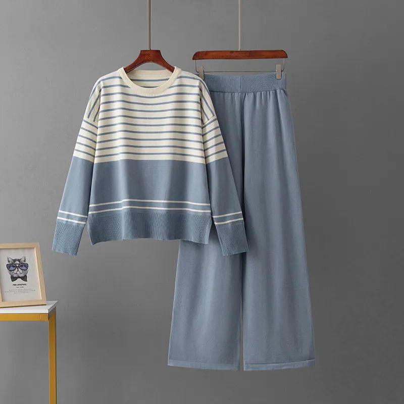 Cross-Border Amazon Autumn and Winter New Foreign Trade Stripe Knit Two Piece Round Neck Sweater Loose Casual Fashion Pants