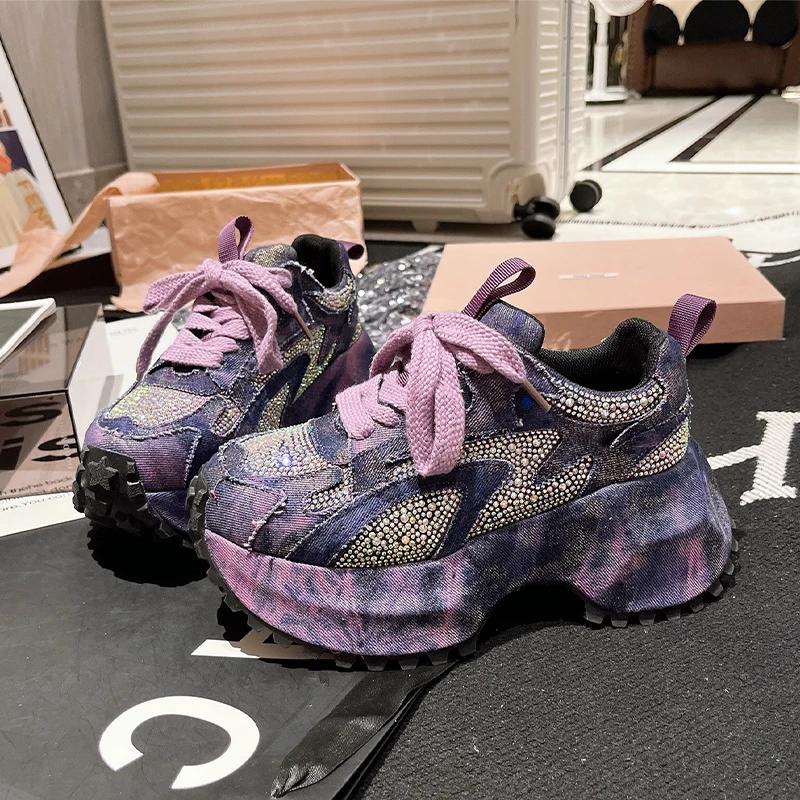 Fashion Women's Sneaker Crystal Platform High Heels Sport Shoes 2025 Autumn Luxury New Lace Up Running Hiking Shoes Casual Mujer Zapatos