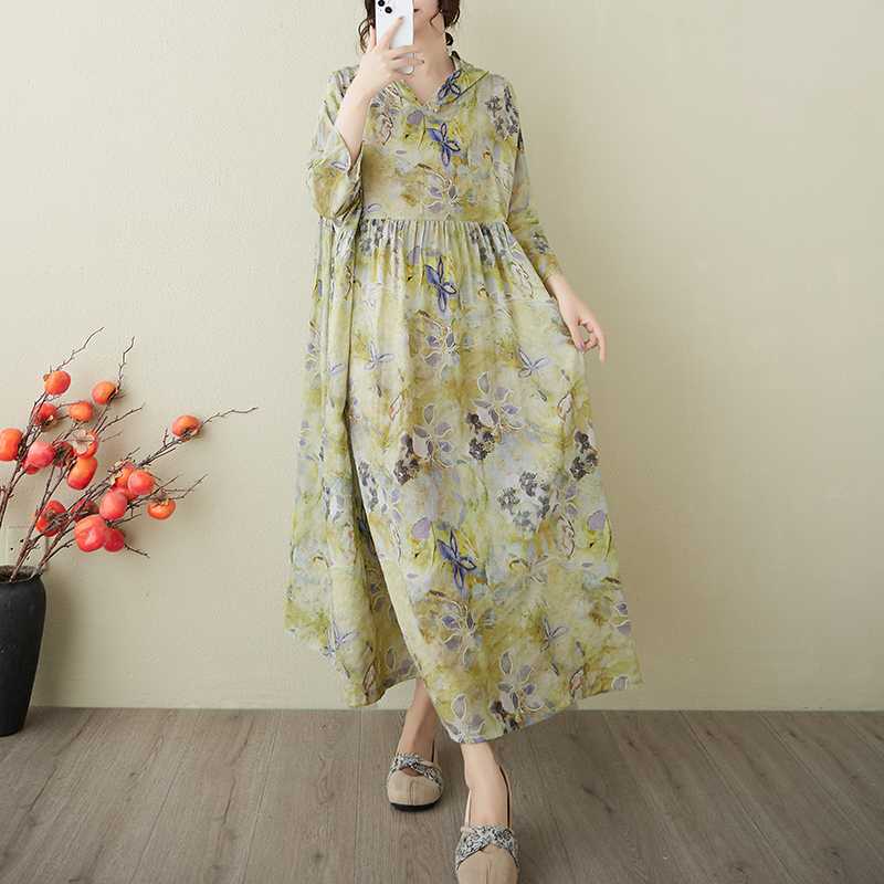 Retro Niche Gentle Wind Yarn Cotton Linen Printed Dress