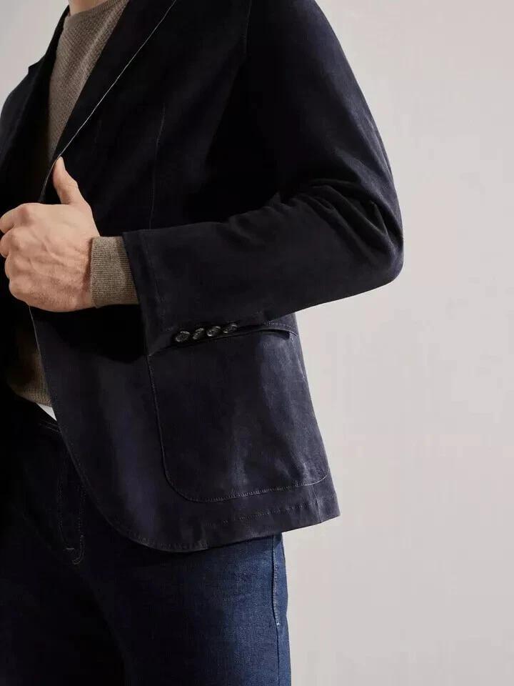 Handmade Formal Party Wear Casual Stylish Men's Dark Blue Soft Suede Leather Blazer