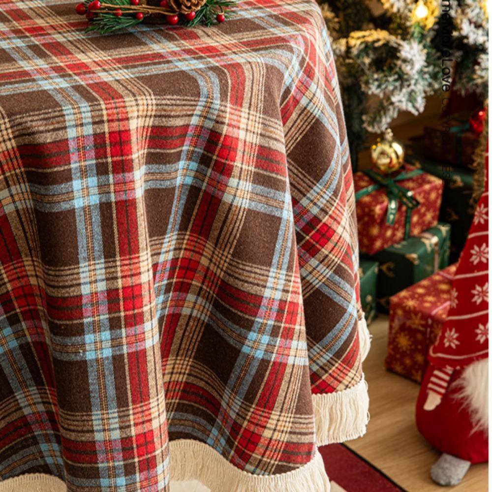 Christmas Tablecloth Round Checkered Fringe Red Green Plaid Vintage Luxury Party Dining Table Cover Decor