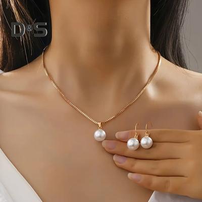 Faux Pearl Jewelry Set for Women White Faux Pearl Necklace Hoop Earrings Set for Bride Bridesmaid Wedding Accessory