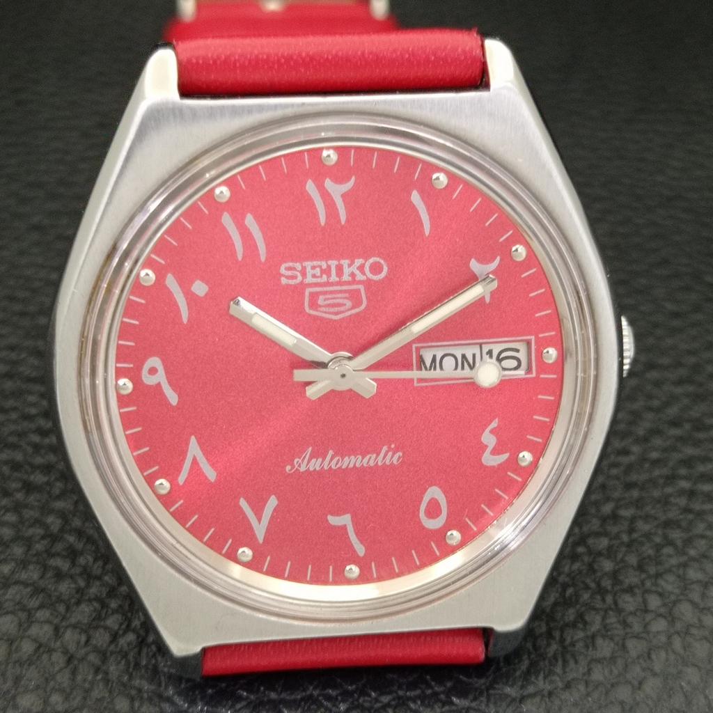 Seiko 5 AUTOMATIC 6309A JAPAN MENS VINTAGE ARABIC RED COLOR DIAL WATCH A701587-5 R206b-a701587