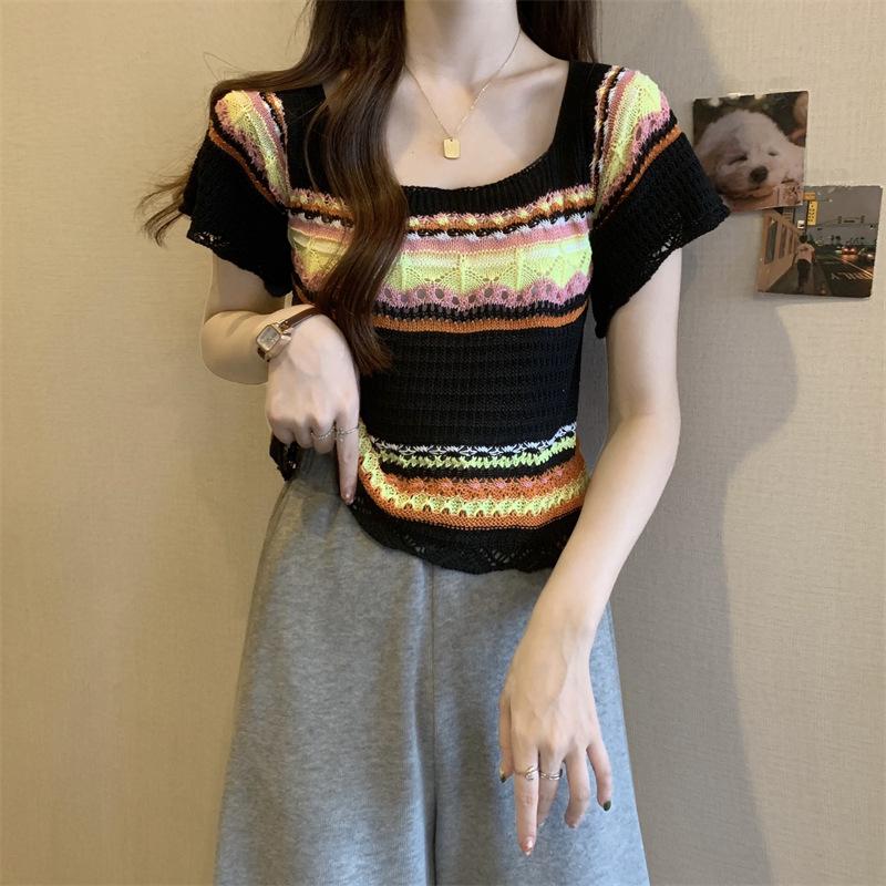 

Вязаный свитер в стиле отпуска Collision Color Rainbow Striped с короткими рукавами, летние тонкие топы для женщин, повседневные, облегающие, футболки One Size чёрный