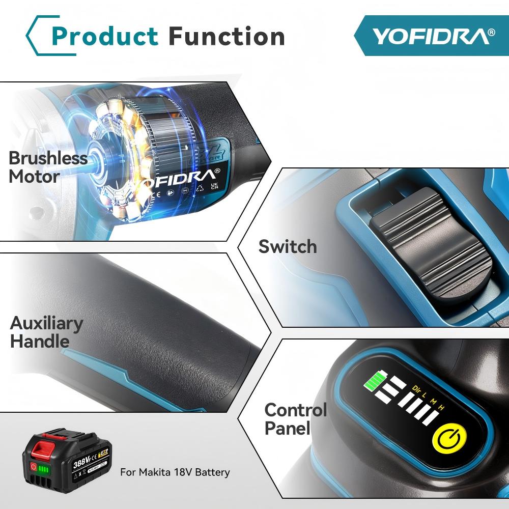 Yofidra 125mm Brushless Angle Grinder 4 Gears Cordless Grinding Machine Cutting Woodworking Power Tool For Makita 18V Battery