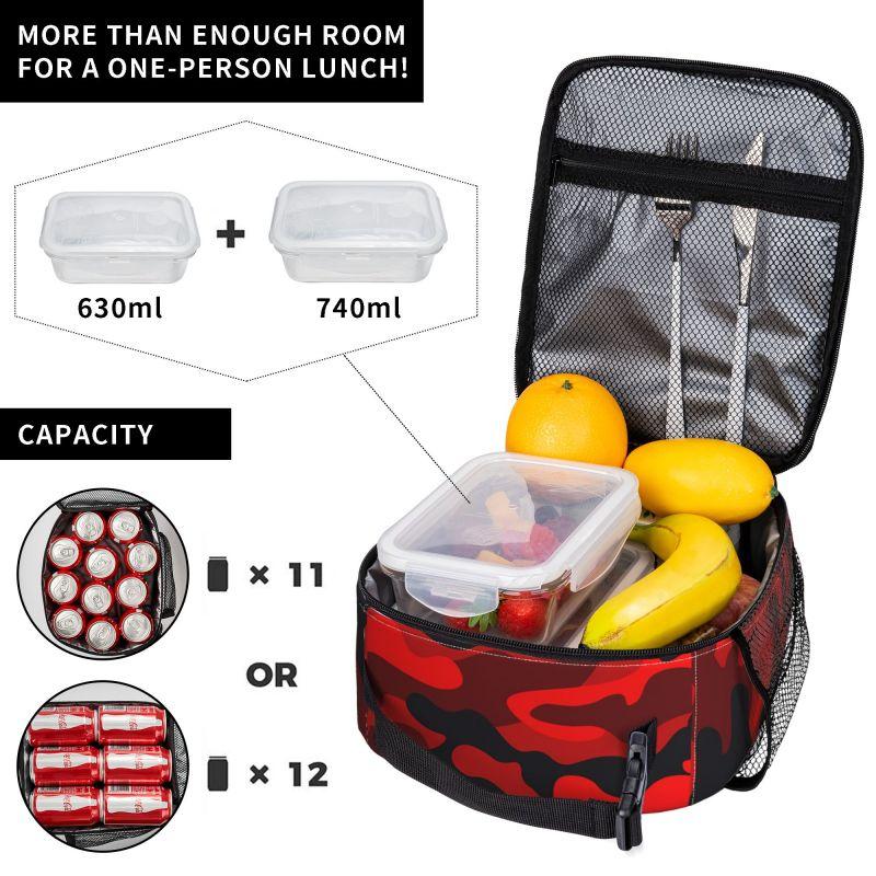 Lunch Box Camouflage Militare Camo Rosso Nero Borsa Termica Riutilizzabile con Tasca Laterale per Lavoro Scuola Picnic Escursione Gita di un Giorno