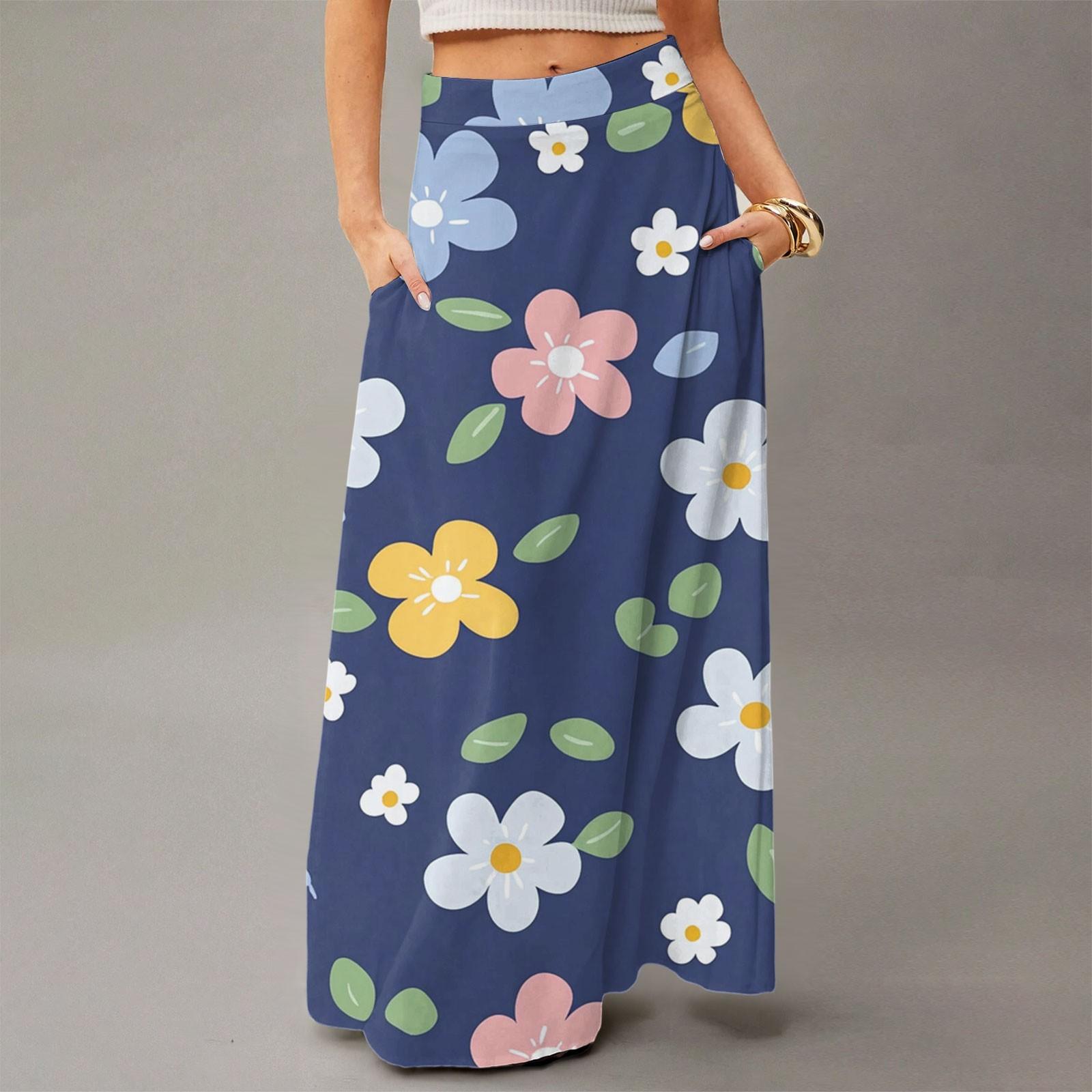 

Женская повседневная складная юбка макси с цветочным принтом, высокой талией, карманом, драпировкой и свободным кроем XL