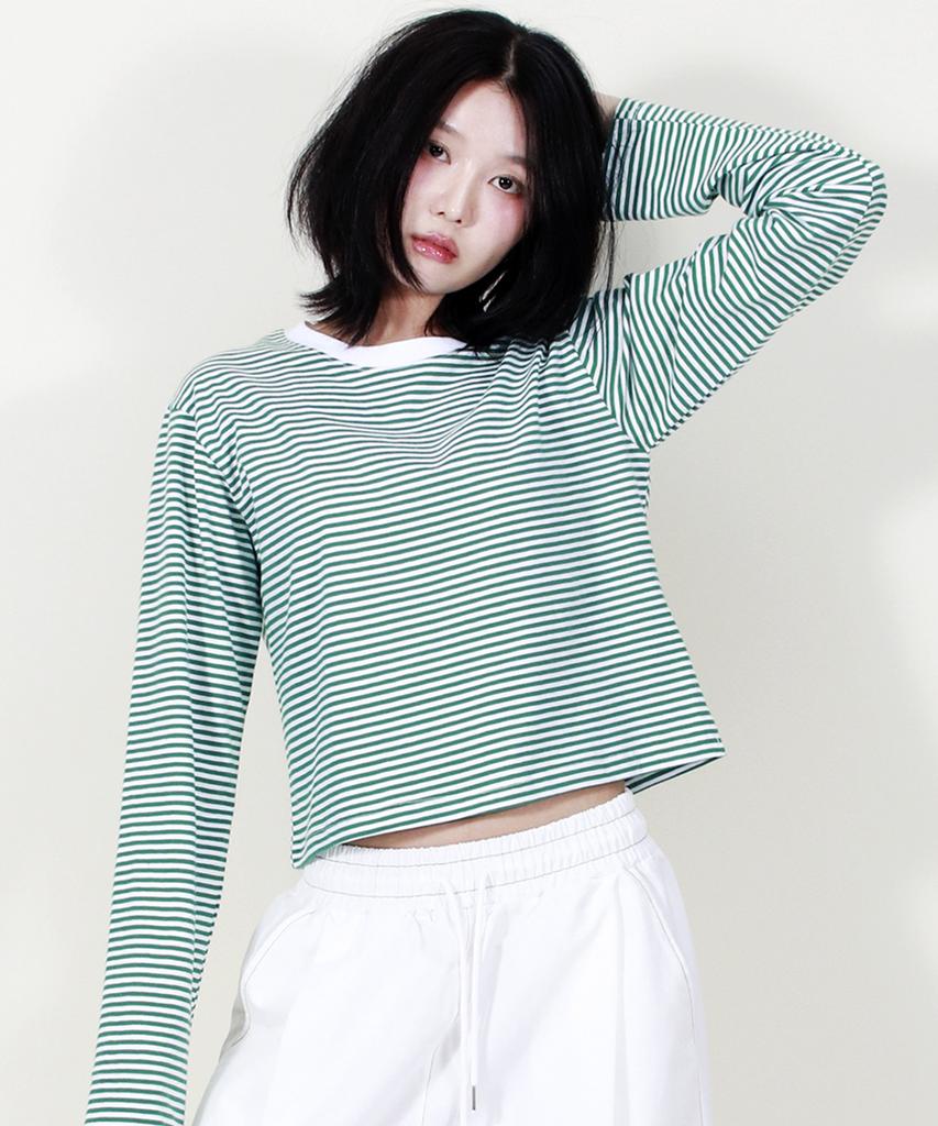 Deumakeu Striped Semi-Crop Long Sleeve T-Shirt Green