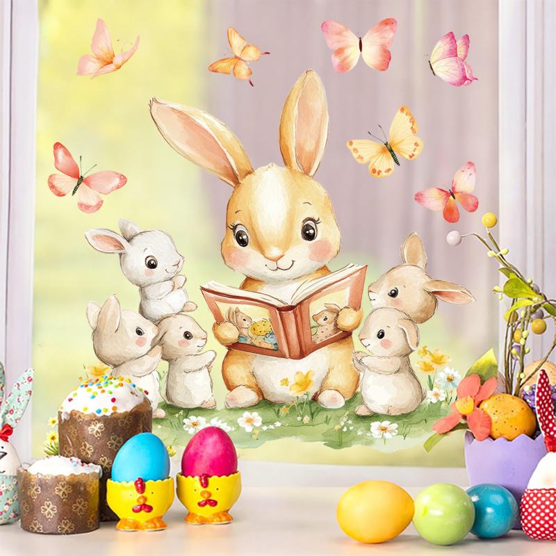1 Sheet Cute Rabbit Colorful Egg Stickers Easter Electrostatic Patch Glass Window Decals Children'S Room Decoration