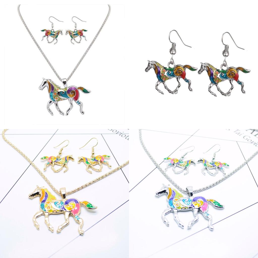 Ensemble Collier Boucles d'oreilles Pendentif Poney Arc-en-ciel Tendance avec Design Dégradé Coloré