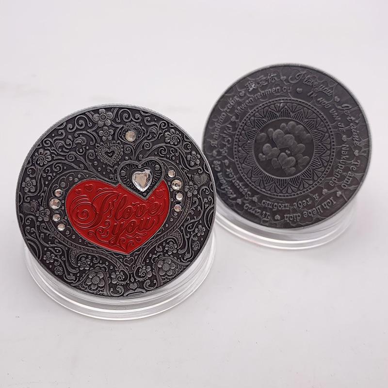Sprache der Liebe, herzförmiger Diamant eingelegt, Nickelsilber antik, Gedenkmedaille, Sammlerhandwerk, Rot des Liebhabers, Herzmünze, Gedenkmünze