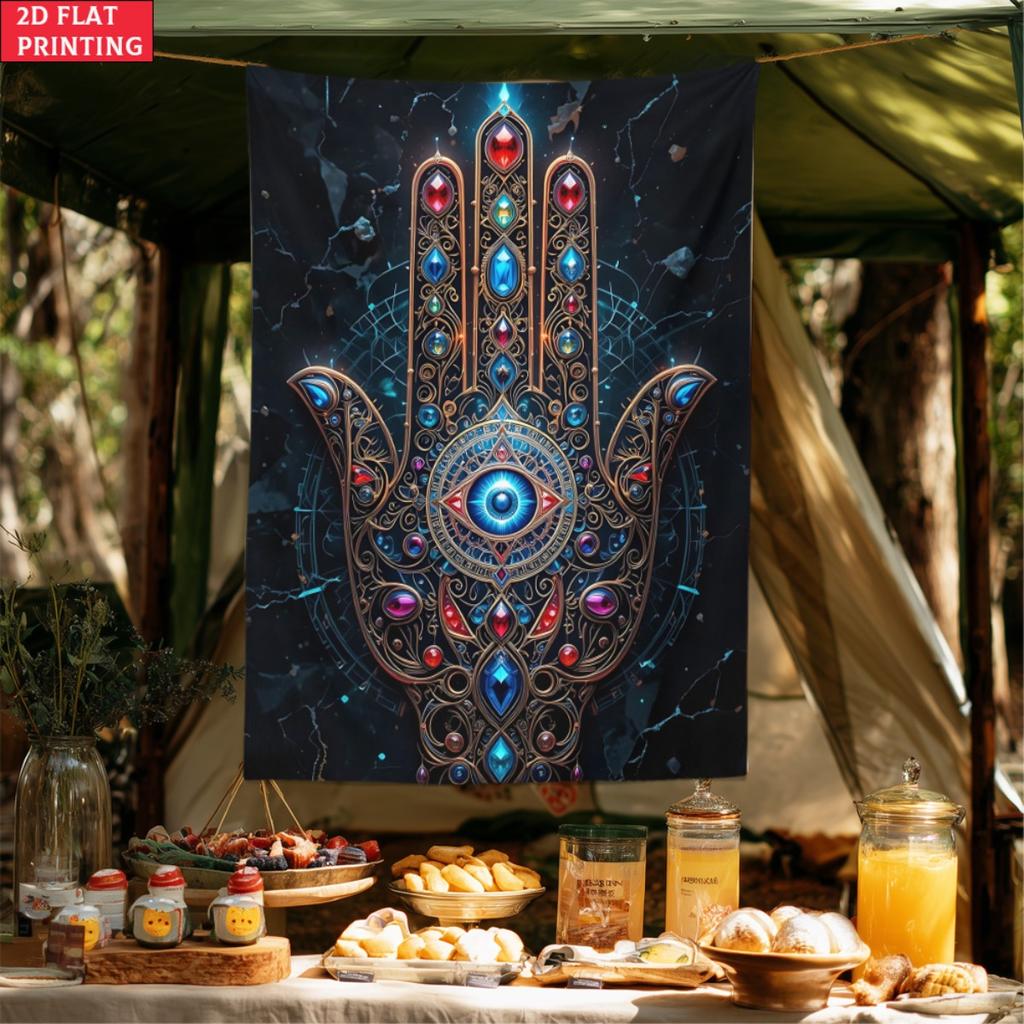 Hamsa Hand Eye Symbol Gemstone Tapestry Spiritual Wall Art Bohemian Decor Meditation Room Yoga Studio