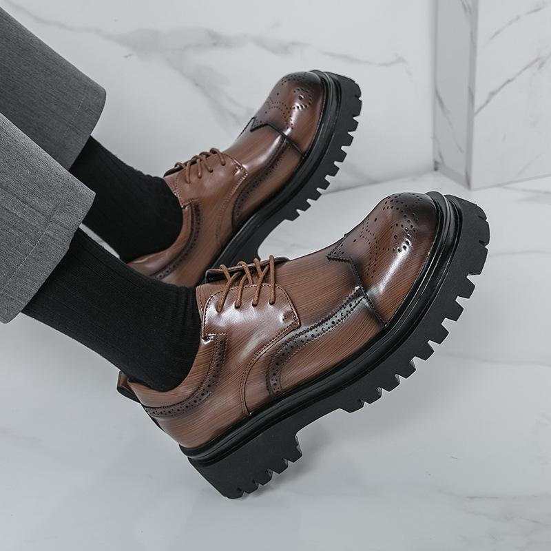 Leather Shoes Platform Men's Shoes Engraved British Brock Shoes Groom Wedding Shoes Korean Version Business Casual Big Head Leather Shoes