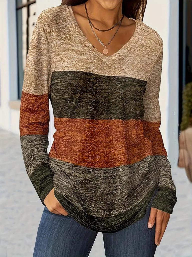 2024 High-Quality Color Block V-Neck Long Sleeve T-Shirt