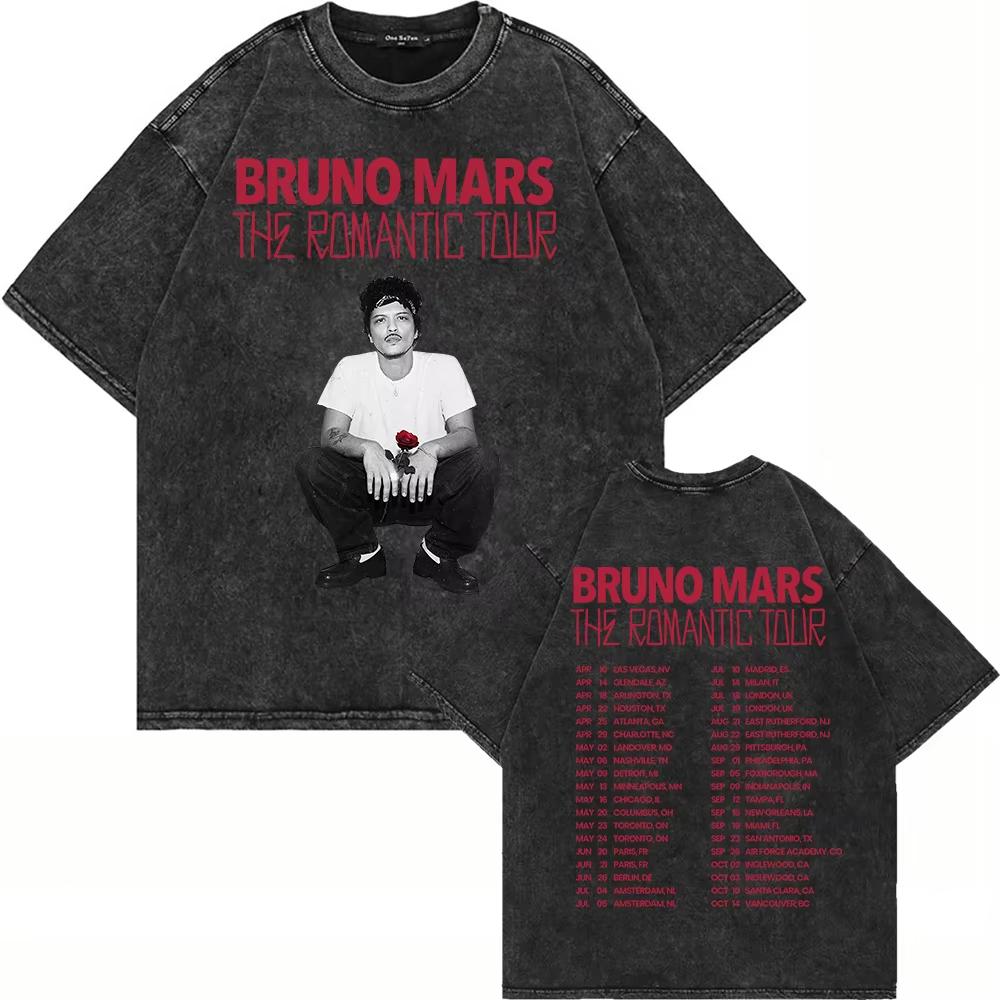 Cotton Vintage Washed Bruno Mars The Romantic Tour  T Shirt Fashion Men Aesthetic Acid Wash Tees Shirts M