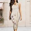 Women Plus Size Olive Green Floral Printed Asymmetric Ring Strap Sleeveless Bodycon Midi Dress