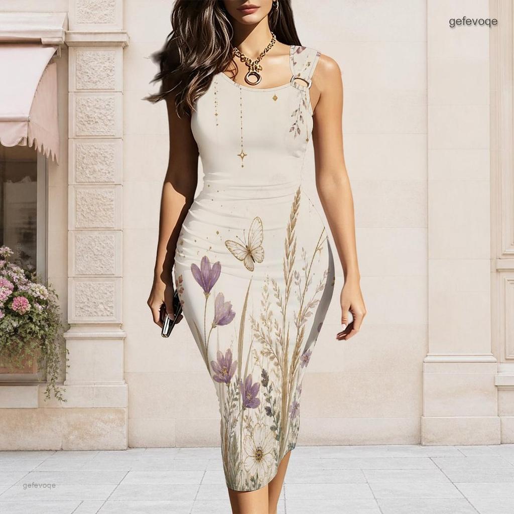 Women Plus Size Olive Green Floral Printed Asymmetric Ring Strap Sleeveless Bodycon Midi Dress