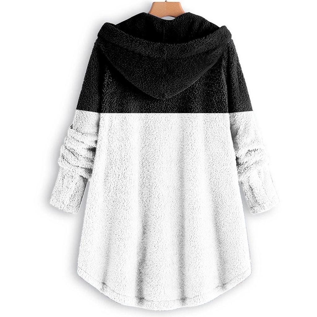 Women's Fashionable Patchwork Loose Hooded Plush Button Long Sleeved Loose Warm Jacket