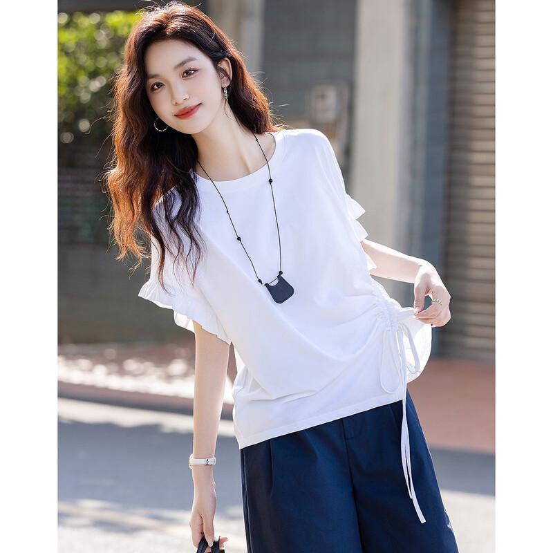 Women's Asymmetric Drawstring Pleated Cotton Spandex T-shirt