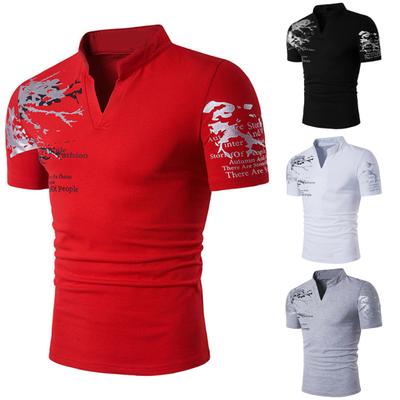 Men Summer Letter Print Stand Collar V Neck Short Sleeve T-Shirt Slim Fit Top