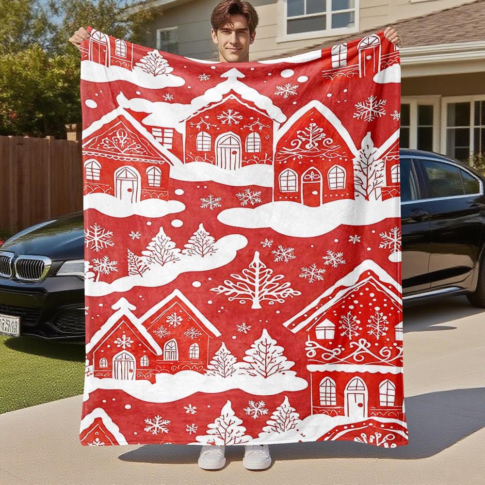 1pc Christmas, Village Outdoor Flannel Blanket Soft Warm All-Season Throw for Sofa Bed Car Camping Office, Cozy Gift Idea1125S