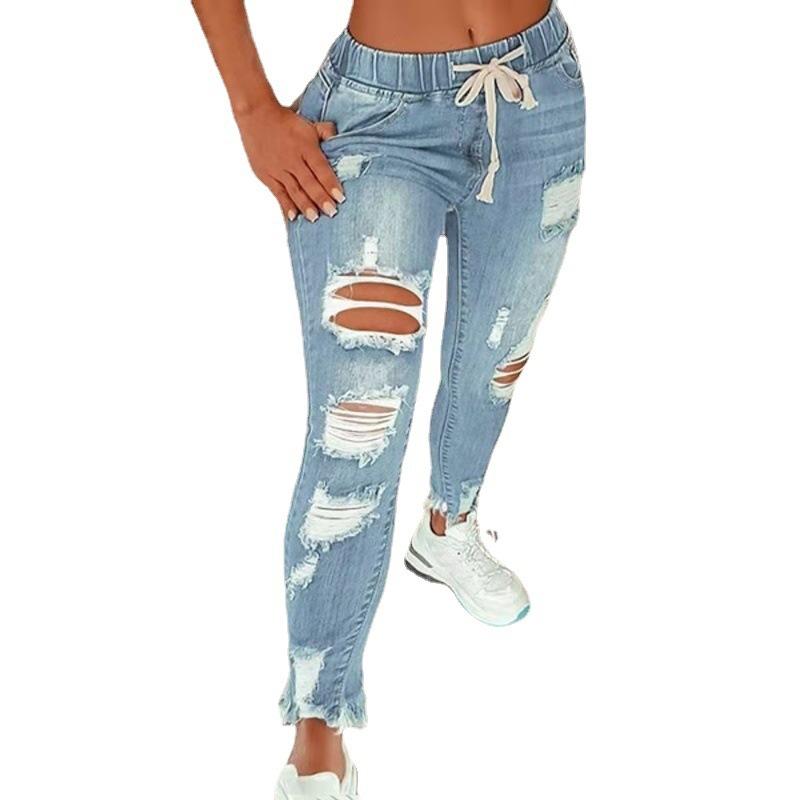 Dame Ensfargede Jeans Elastisk Midje Snøring Blonder Ripped Pluss Størrelse Jeans