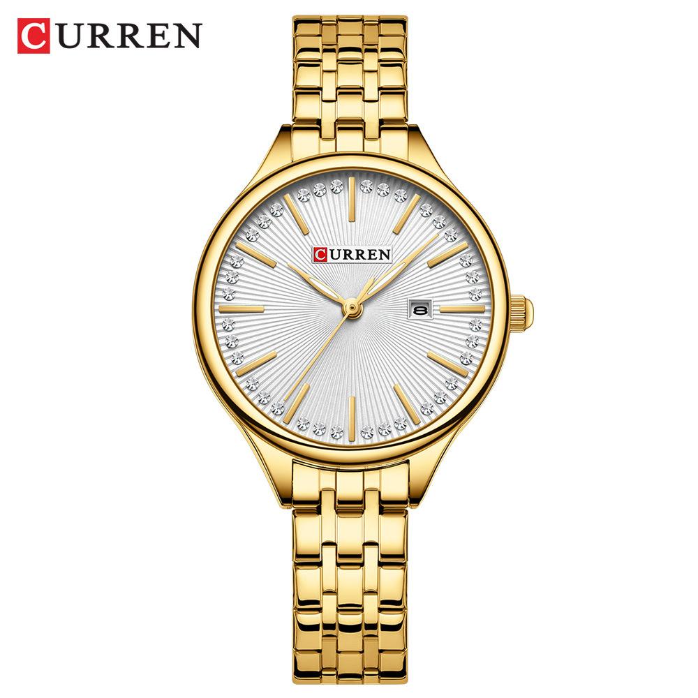 CURREN-Ladies' Luxury Rhinestone Inlaid Fashionable Business Quartz Watch Stainless Steel Simple Waterproof Luminous Calendar Watch