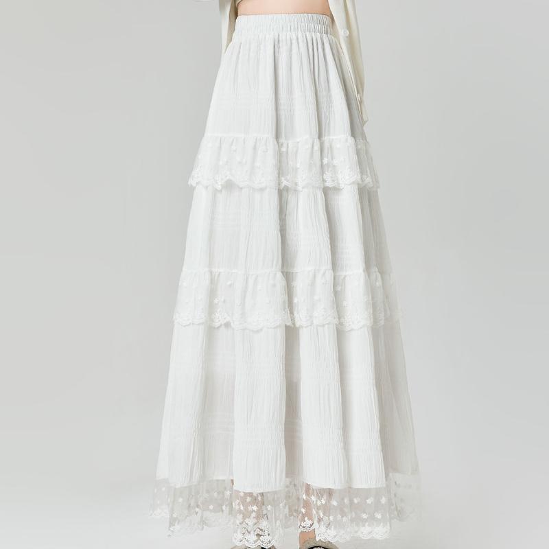 Women's Spring French Sweet White Lace-Trimmed Tiered Cake Skirt - High-Waist Flared A-Line with Design-Forward Details