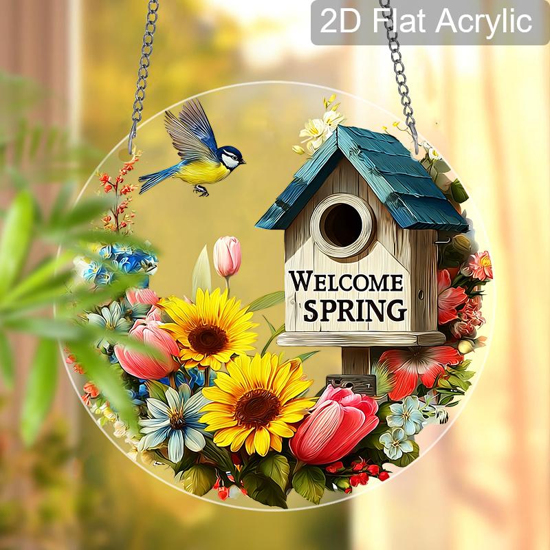 

Acrylic Welcome Spring Birdhouse Suncatcher Stained Glass Effect Window Hanging Ornament Floral Decor 20cm/7.87Inches