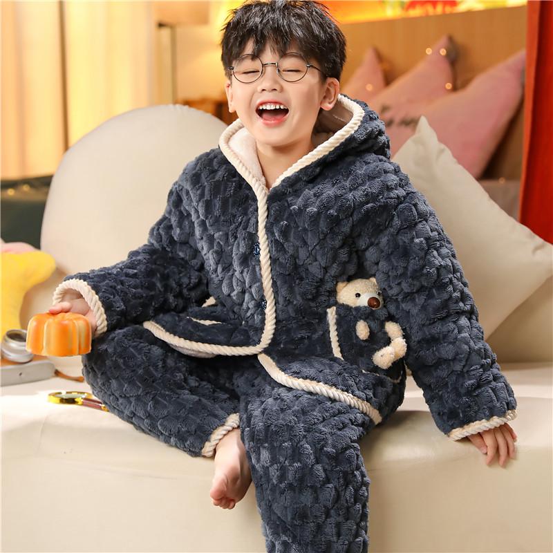 Dětské útulné pyžamo z křišťálového sametu - Silná prošívaná sada z korálového fleecu pro podzim a zimu