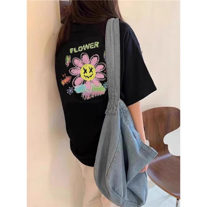 

White short-sleeved t-shirt women s loose 2025 summer new sun sunflower graffiti print cotton half-sleeved top 3XL