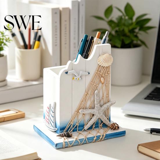 Pen Holder for Home Office Nautical Wooden Handcrafted Mediterranean Theme Makeup Brush Versatile Organizer Ocean Beach Pencil Container Stable Base