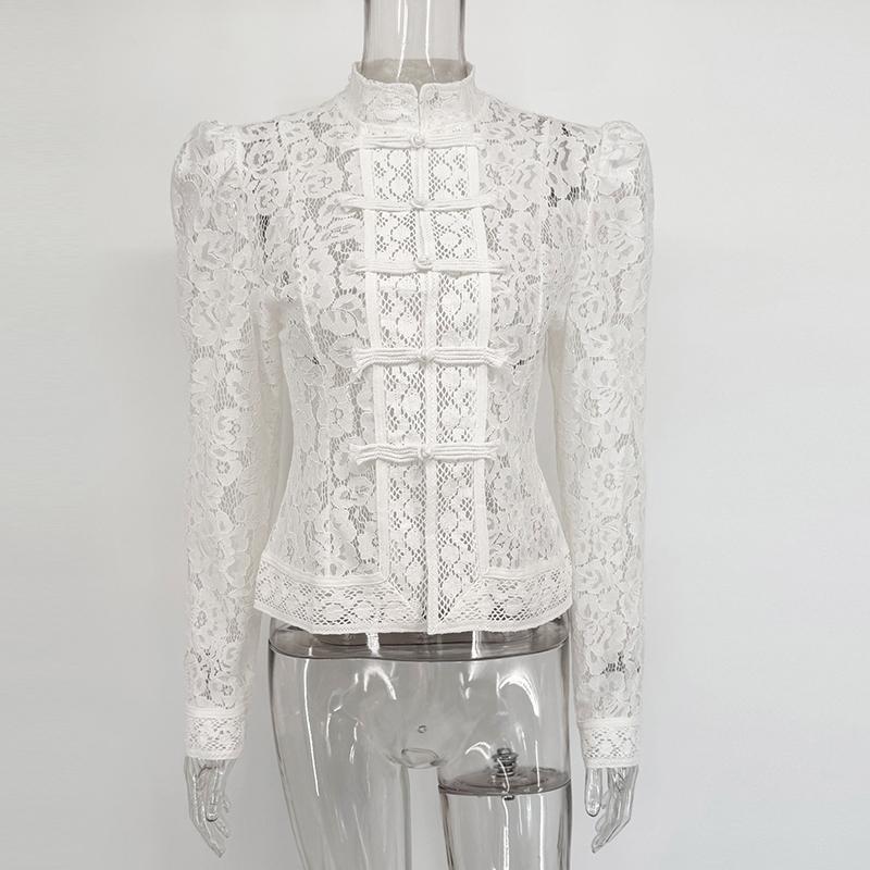Elegant Lace Shirts Tops Female Hollow Out Commute Vintage See-Through Blouses Single Breasted Shrug Shirts New